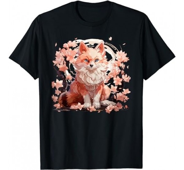 Japanese Fox Cherry blossom Flower Sakura Trees Kawaii Anime T-Shirt 2